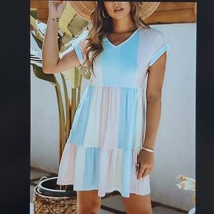 077. Multicolor Striped Color Block Tiered Mini Dress  Size M